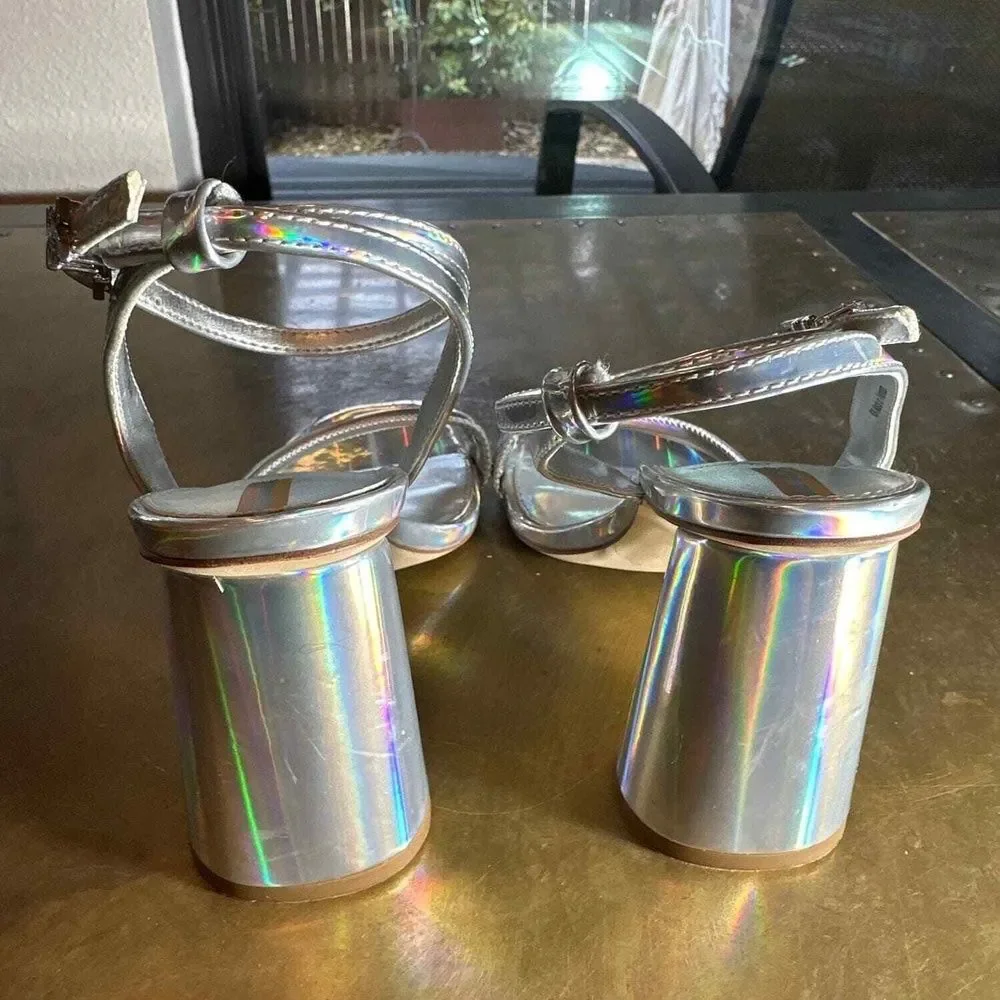 Sam Edelman Strappy Block Heel Sandals 6.5 Wedding Bridal Silver Holographic Kia